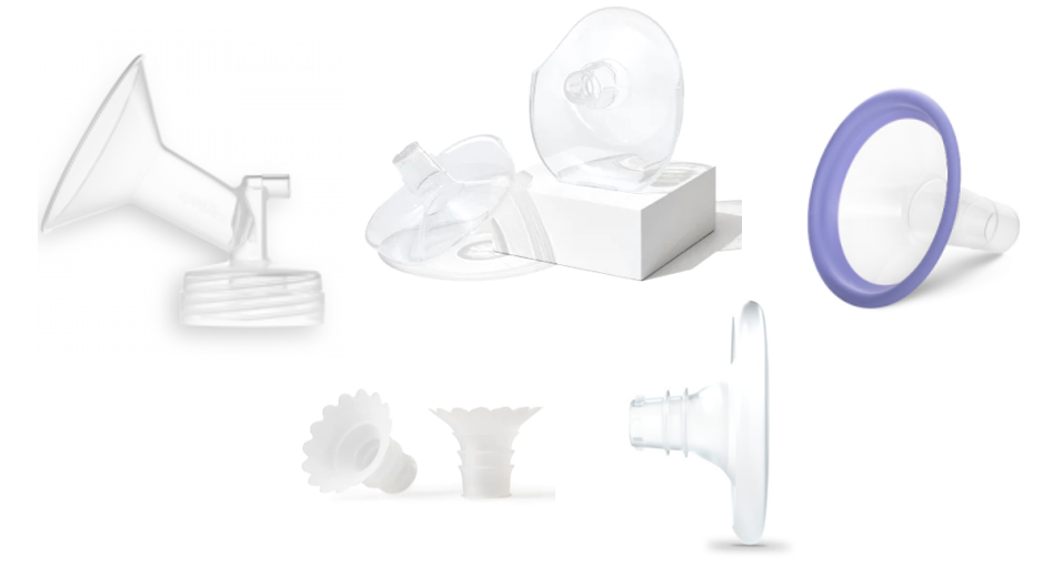 Breast shields, flanges, and inserts