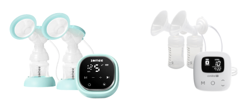 Examples of portable breast pumps: the Zomee Z2 and Cimilre P1.