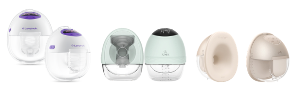 Examples of wearable breast pumps: Lansinoh Discreet Duo Flow, Zomee Fit, and Eufy S1 Pro.